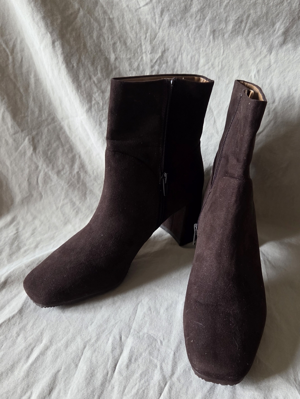 Suede Square-Toe Ankle Booties in Dark Brown